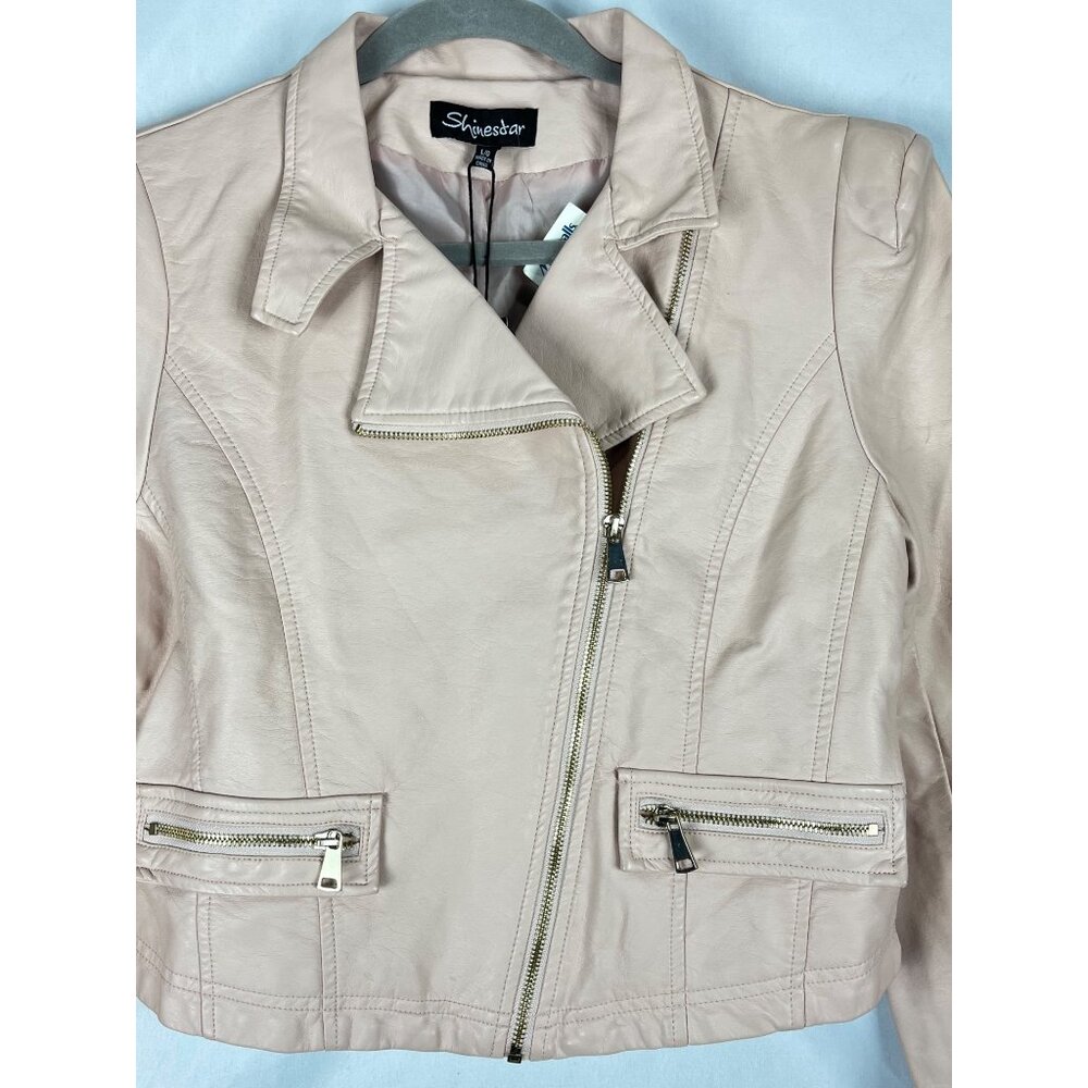 Shinestar Cropped Moto Jacket Faux Leather Beige Blush Zip Shoulder Pads L Y2K - Picture 4 of 16